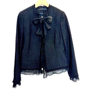 Perry Ellis women's black silver tweed boucle jacket sheer bow & trim size 8